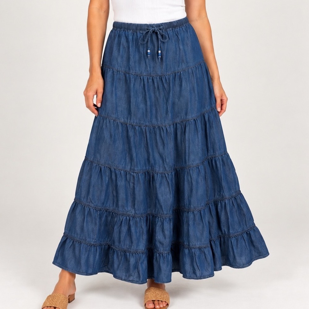 Y2K Denim Tiered Maxi Skirt Beaded Drawstring Boho Prairie 100% Cotton Medium